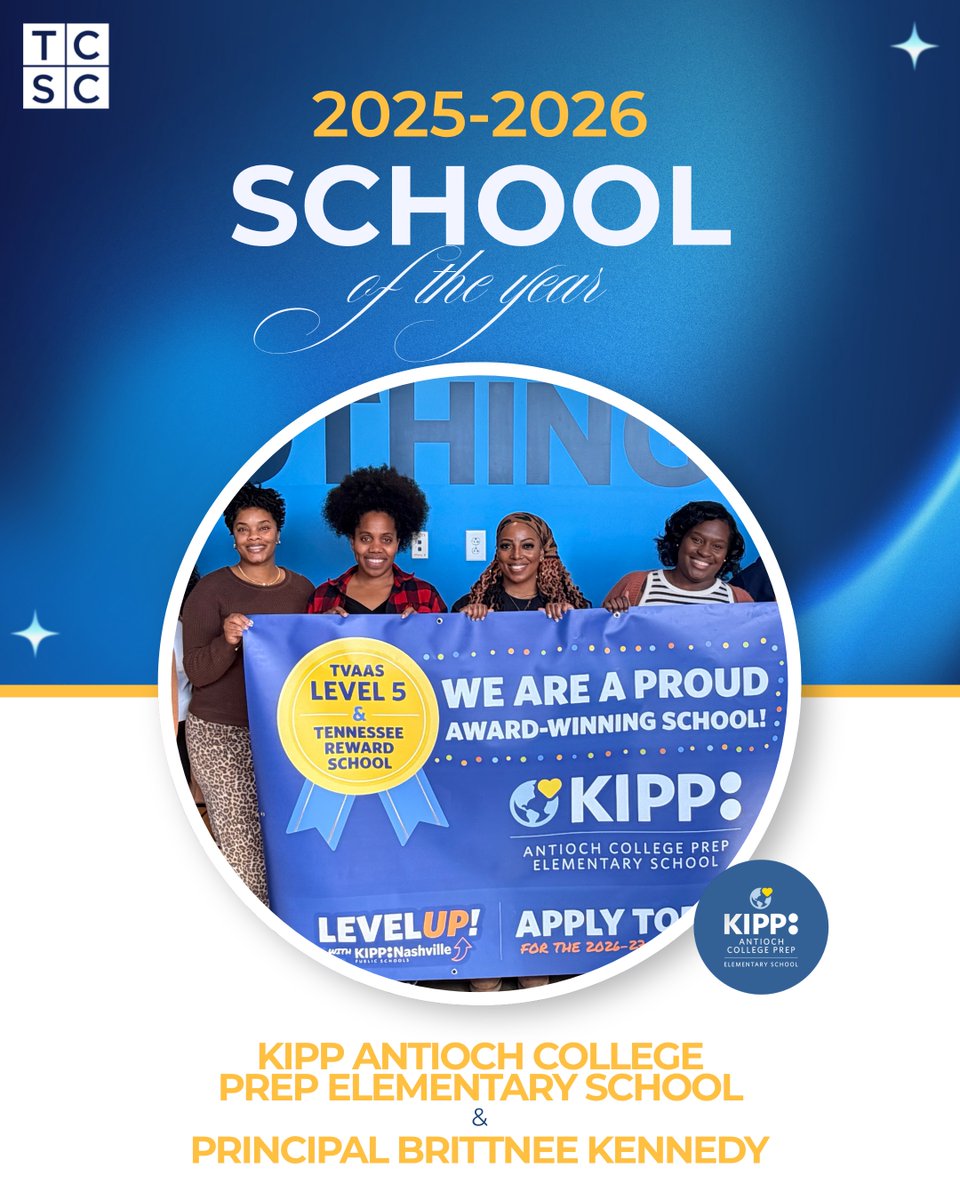 tncharters's tweet photo. Congratulations to our 2025-2026 Charter Champion School of the Year, @KIPP_Nashville's Antioch Prep Elementary School &amp; Principal Brittnee Kennedy! 🎊KIPP Antioch has outperformed state and district averages in ELA and math for two consecutive years! #TNCharters #ServingStudents https://t.co/yRendg2p2f