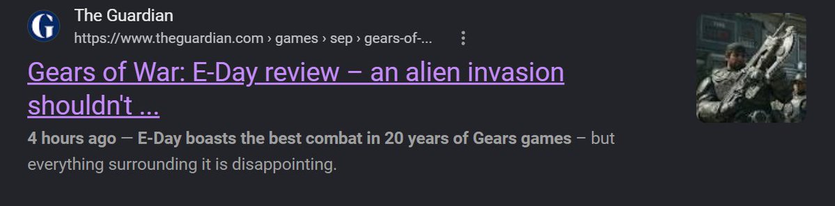 wllmlew's tweet photo. Granted, I'm not entirely familiar with the lore of Gears of War games.

But.......Aliens?

Sounds like this review should be null and void if they don't even know what the enemies are in the game. https://t.co/jlnYisHSVq