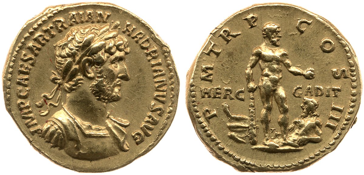 carolemadge's tweet photo. #CoinWednesday – An aureus of Hadrian depicting Hercules Gaditanus, the principal deity of Gades (modern Cádiz), on the reverse. Issued early in Hadrian’s reign, in AD 119, the type celebrates Hadrian’s connection to his mother’s native city and associates him with the city’s famous cult of Hercules.

Hercules stands with his club and the apples of the Hesperides, beside a prow and the personification of Gades, with the legend HERC GADIT (Hercules Gaditanus).

© The Trustees of the British Museum.