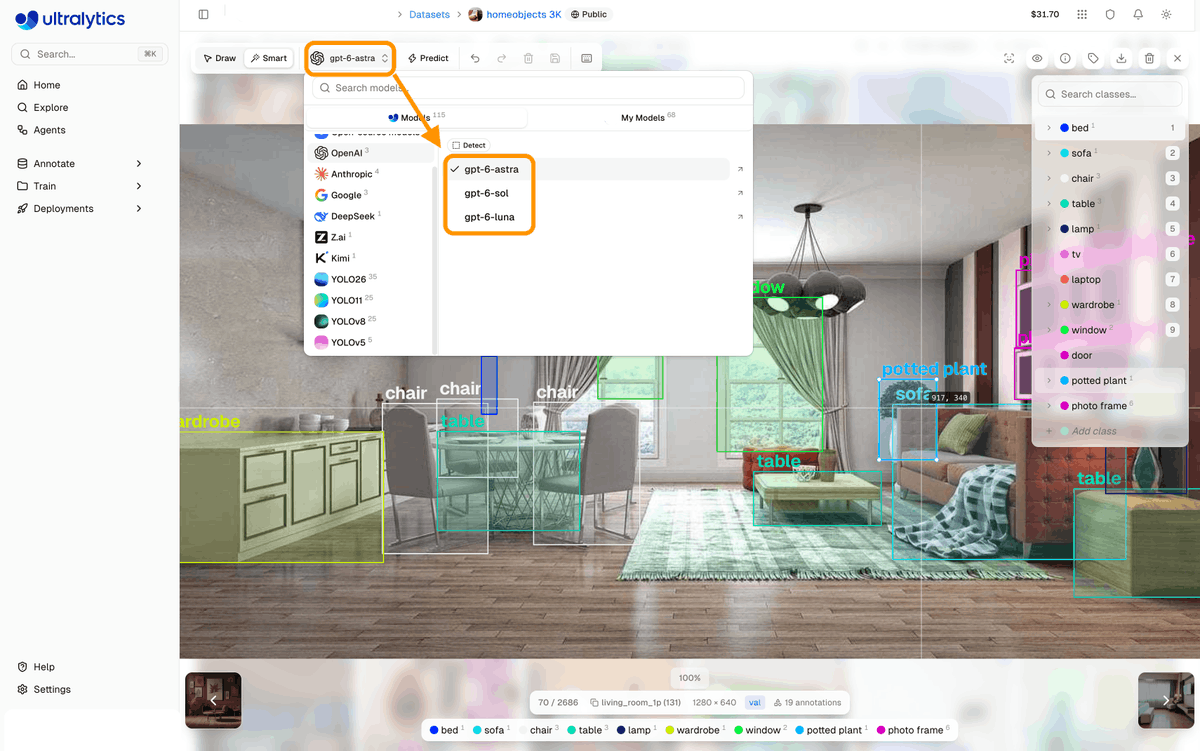 ultralytics's tweet photo. LLM-powered auto-annotation is now in the Ultralytics Platform! ⚡

Use models from OpenAI, Anthropic, Gemini, Kimi, https://t.co/zYQQnji56V & DeepSeek to turn images into labeled training data.

Choose a model → Click Predict → Review annotations.

Try it today on the Ultralytics Platform ➡️ https://t.co/7djXRVUIv7

#Ultralytics #ComputerVision #DataAnnotation #LLM