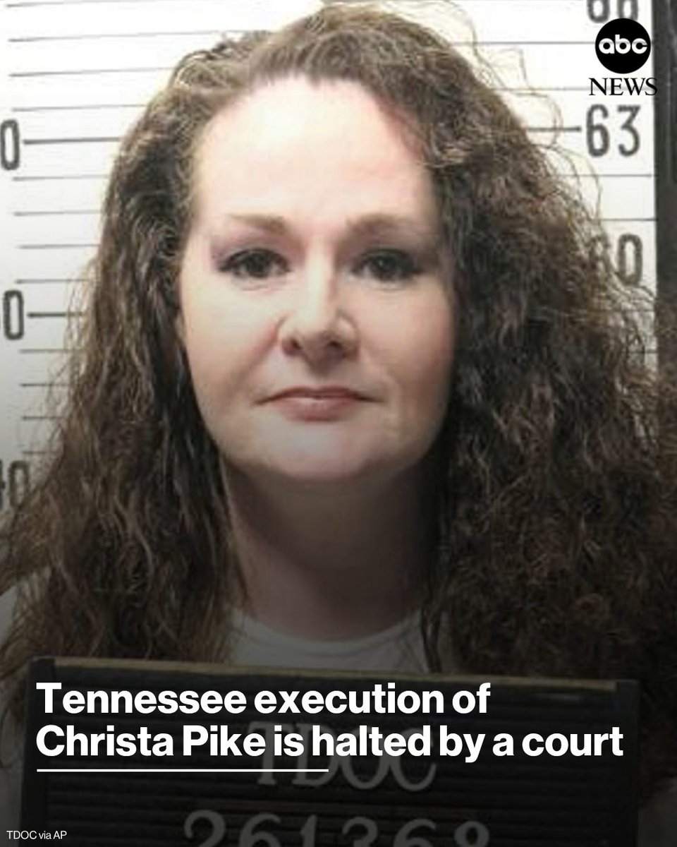 ABC's tweet photo. A federal appeals court halted the Tennessee execution of Christa Pike about an hour before it was set to begin Wednesday.
 
Read more: https://t.co/Ibn5YRaDk4 https://t.co/KHDzccN1kG