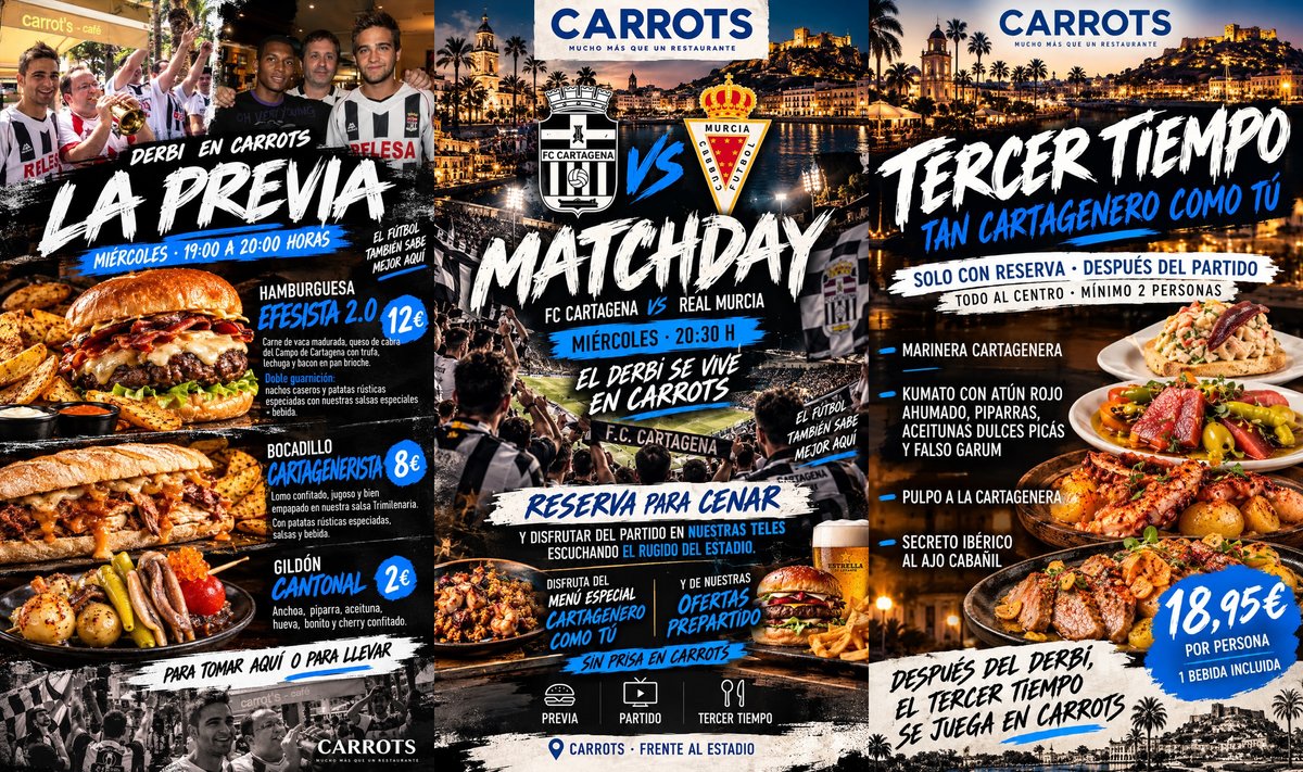 Carrots_Cafe's tweet photo. 🔥QUEDA 1 SEMANA PAL DERBI🔥Cartagena y Murcia se ven las caras… y en Carrots queremos vivirlo ANTES, DURANTE Y DESPUÉS, como durante tantos años...🍻LA PREVIA · Ofertas prepartido ⚽EL MATCHDAY · Disfruta el partidazo 🍺EL TERCER TIEMPO · Menú especial cartagenero, como tú. https://t.co/vK5ei7kHnT