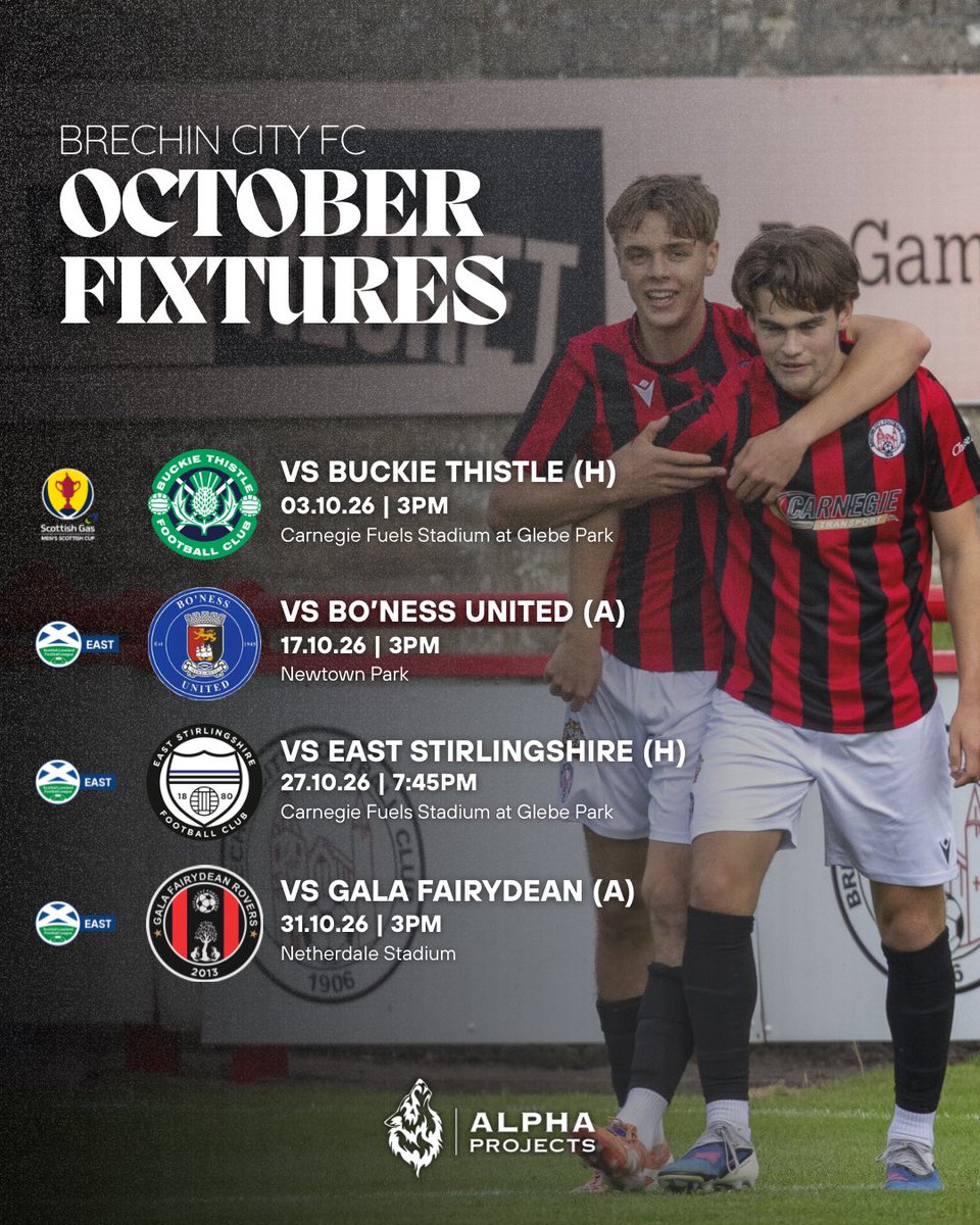 BrechinCityFC's tweet photo. 🗓️ 𝑶𝑪𝑻𝑶𝑩𝑬𝑹 𝑭𝑰𝑿𝑻𝑼𝑹𝑬𝑺

Here is how our schedule for October looks, starting with a @ScottishCup 1st round tie at home to @BuckieThistle this Saturday 👇🏽 https://t.co/grWhK3oqFM