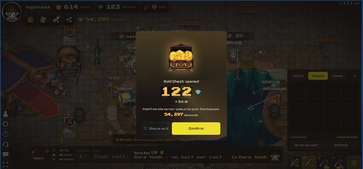 ArsKhafid's tweet photo. Just hit a Gold Chest on FishPond: 122 💎 (~$12.20)

Simple loop:
Connect wallet → buy bait → auto-fish → sell for points → open chests for diamonds.

No bait means half points and no chests.
Better rods/potions speed up farming, they don’t increase chest luck.

https://t.co/AXoVo1yJpP
@Fishpond_PRO #FishPond
