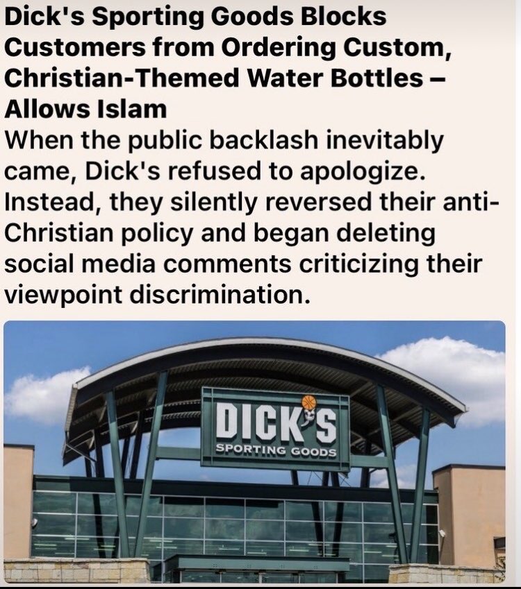 CreasonJana's tweet photo. A Western Journal article claimed Dick’s Sporting Goods blocked custom Christian phrases like “God,” “Jesus,” and “Bible” on Owala water bottles while approving terms such as “prophet Muhammad,” “Quran,” and “Allahu Akbar.”

The story prompted backlash from users who viewed it as discrimination and calls for boycotts of the retailer based on its history of progressive stances.

Dick’s Sporting Goods later reversed the filter restrictions without issuing a public apology or explanation, opting instead to delete some critical social media comments.