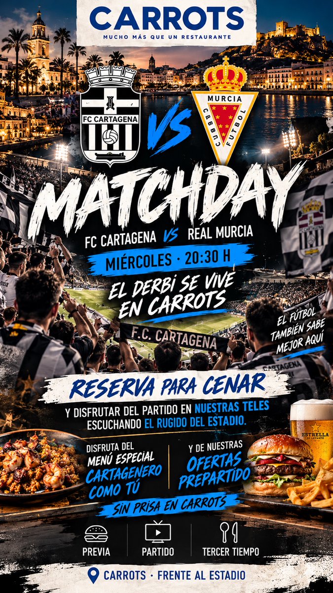 Carrots_Cafe's tweet photo. 🔥QUEDA 1 SEMANA PAL DERBI🔥Cartagena y Murcia se ven las caras… y en Carrots queremos vivirlo ANTES, DURANTE Y DESPUÉS, como durante tantos años...🍻LA PREVIA · Ofertas prepartido ⚽EL MATCHDAY · Disfruta el partidazo 🍺EL TERCER TIEMPO · Menú especial cartagenero, como tú. https://t.co/vK5ei7kHnT