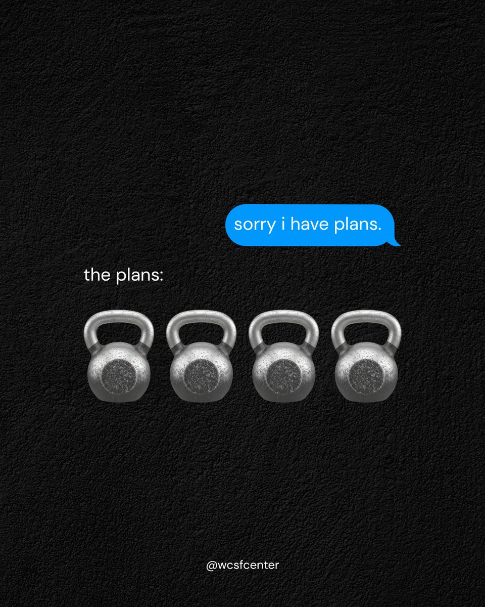 WCSFCenter's tweet photo. “Sorry, I have plans.” 😏 And honestly… these are the plans worth KEEPING. Call #WCSFCenter today and schedule your #exercise training session at 310-327-1325! Your plans can wait. Your #health shouldn’t!
#WCSFCenter #FitnessMotivation #HealthAndFitness #ExerciseTraining #Heal https://t.co/UJvoKgDDKf