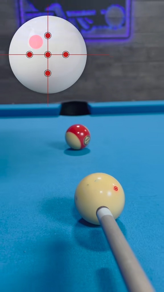 A split view shows a pool cue aiming at a yellow cue ball with red crosshairs overlaid on a white target ball above, with a striped red ball between them on a blue pool table.
