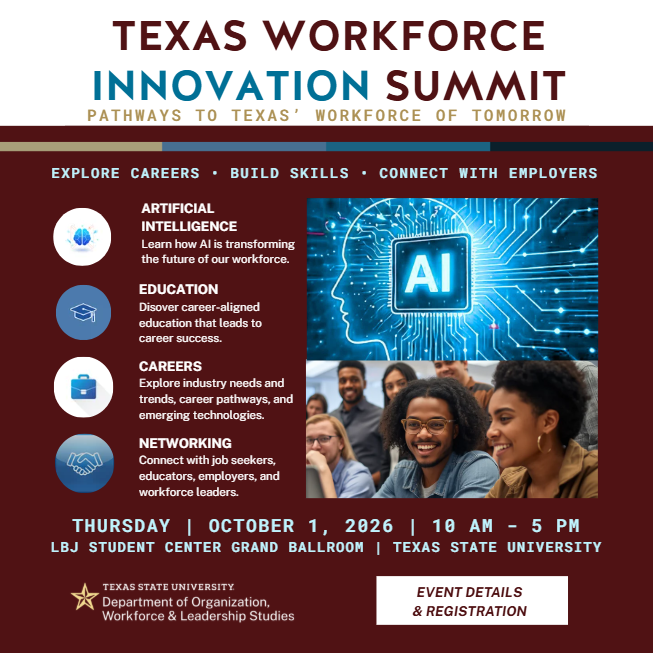 TxStateOWLS's tweet photo. Tomorrow is the day! Join students, educators, employers, and industry leaders to explore AI in the workplace, workforce trends, career pathways, and emerging technologies. Bring your parking ticket for validation at check-in. https://t.co/zQST0GqsK2 https://t.co/f1M9tR6Esc