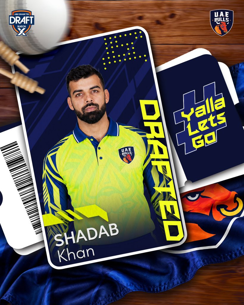 BullsT10_'s tweet photo. A little bit of everything, and a whole lot of experience! 🔥 @76Shadabkhan joins the Bulls, adding quality with both bat and ball.

#UAEBulls | #YallaLetsGo |  #AbuDhabiT10 | #CricketsFastestFormat | #InAbuDhabi

{UAE Bulls, Abu Dhabi T10, Draft 2026} https://t.co/WlYbtFRGYe