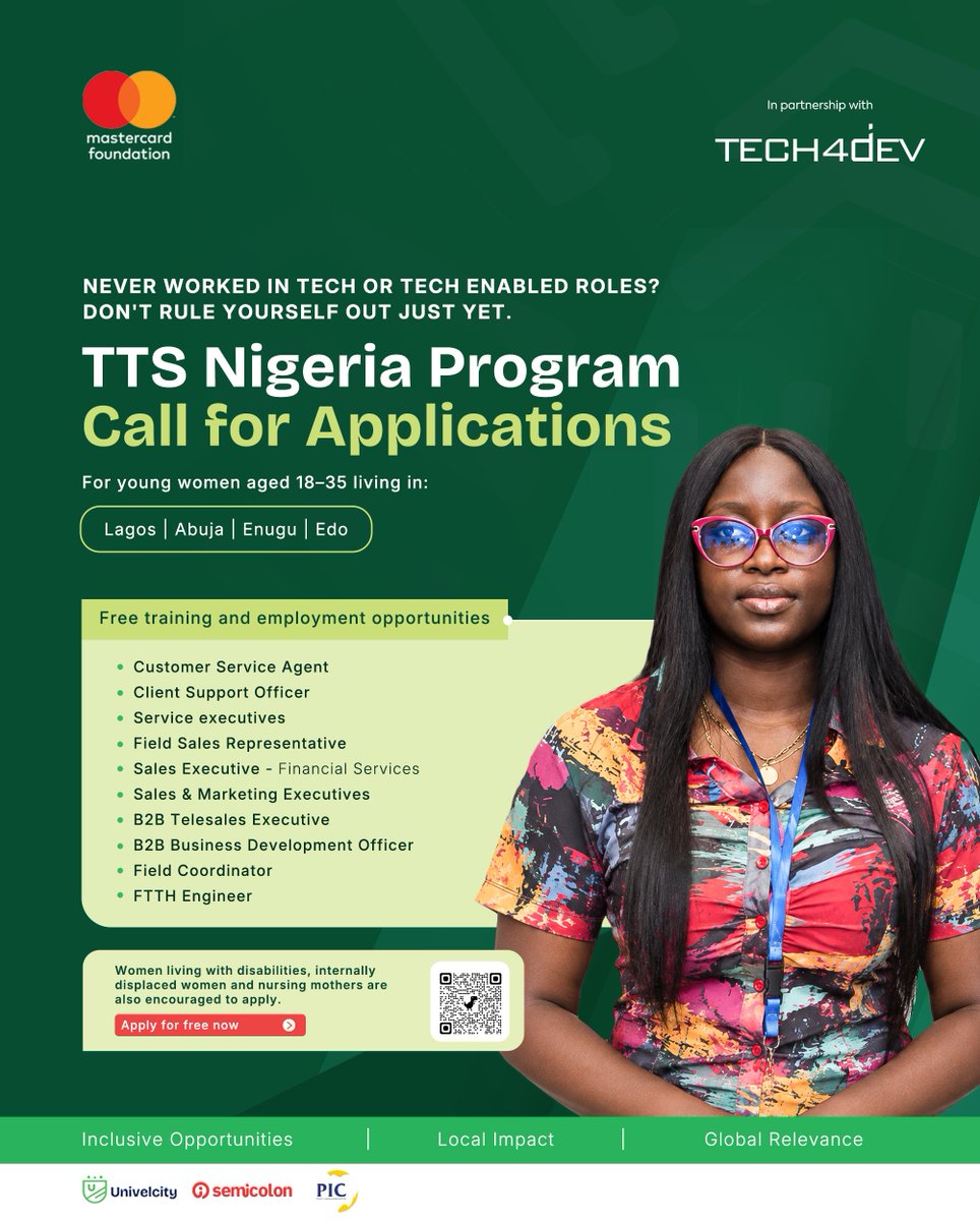 TTSNig's tweet photo. “I’ve never worked in tech.”
For many young women, that sentence can feel like the end of the conversation before it has even started. But there are roles within the technology-enabled economy that require practical skills, communication, problem-solving, customer-facing ability, sales ability and a willingness to learn.

That is why TTS Nigeria program is creating pathways for young women to build the skills they need to pursue opportunities across areas including customer service, client support, sales, marketing, business development, field coordination and FTTx engineering.

So if you have been interested in tech-enabled work but assumed you needed a tech background first, take another look.
You may be closer to your next opportunity than you think.

The program is open to young women aged 18–35 in Lagos, Abuja, Enugu and Edo, with free training and employment opportunities available.

Check the requirements. See where you fit. Apply for free.
Women living with disabilities, internally displaced women and nursing mothers are also encouraged to apply.

Click here to apply : https://t.co/sSd66Gq2Dh

#ttsnigeriaprogram #inclusiveopportunities #localimpact #womeninwork #techsistersrising #jobopportunities