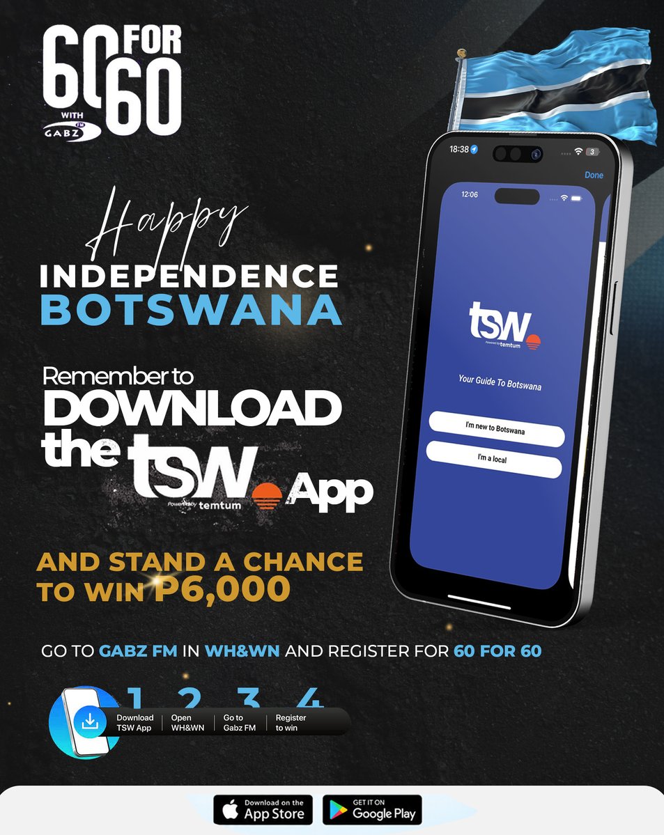 Gabz_FM's tweet photo. 🇧🇼 HAPPY INDEPENDENCE, BOTSWANA! 🇧🇼
We’re just 2 DAYS away from our next giveaway! 🔥
Download the TSW App and submit your entry for the chance to WIN P6,000! 💰🎉
📲 Download. Stand a chance to WIN!
Tune into to Iconic with Dollar Mac Fridays 1330hrs.
#60For60 #TSW #BotswanaAt60 #PowerToEngageYourWorld