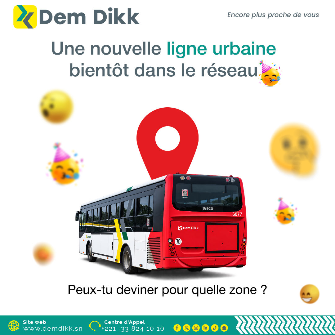 dakardemdikk1's tweet photo. 🚍Une nouvelle ligne urbaine bientôt dans le réseau 🎉
🤔Pourrais-tu deviner pour quelle zone ?
Si oui, à vos claviers pour nous le dire en commentaire.
Yeen rekk leñouy xaar !
DemDikk,
Encore plus proche de vous !
#DemDikk #MITTA #Devinette #Nouvelleligne #Lancement # https://t.co/pcaVAOIYhT