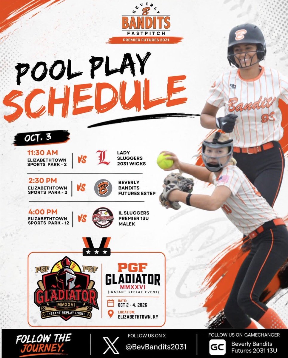BevBandits2031's tweet photo. We’re headed to Elizabethtown, KY for the PGF Gladiator! ⚔️🥎

Pool play kicks off Saturday with three games and a full day of competition. Ready to get back on the field and get after it. 

Let’s go, Bandits! 🧡🖤 https://t.co/O08osxS9lp