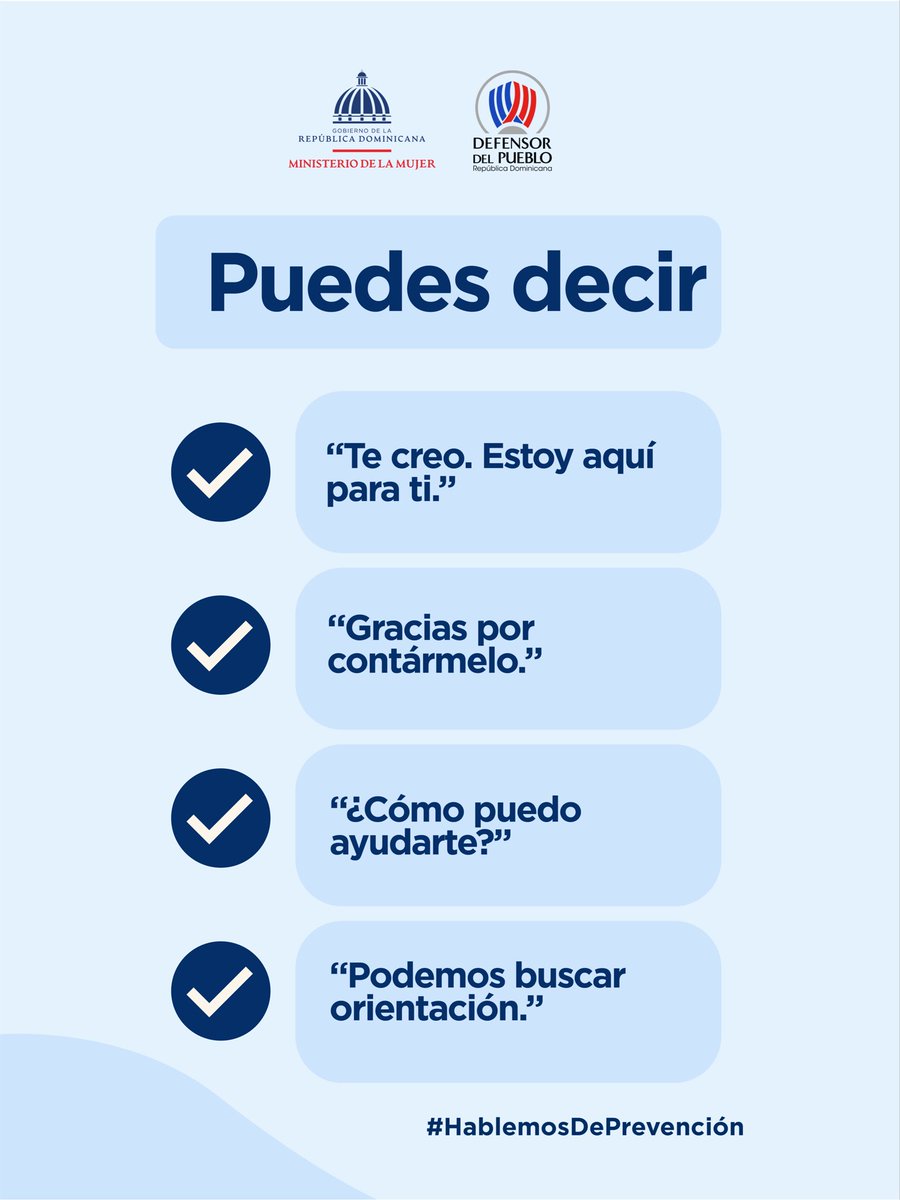 DefensorRD's tweet photo. Respetar sus tiempos, sus decisiones y ayudarle a identificar opciones de orientación también contribuye a proteger su dignidad y autonomía.

#HablemosDePrevención #YoHabloDePrevención #DefensorDelPueblo #MMujerRD https://t.co/Ma4fI0iBXb