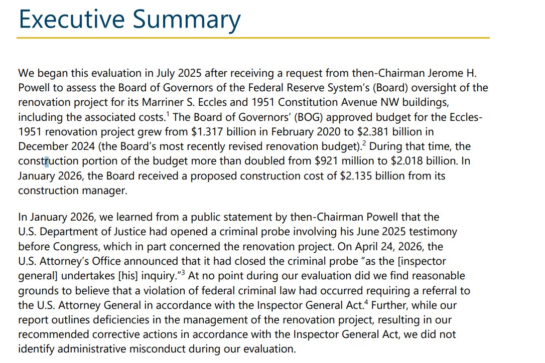 MacFarlaneNews's tweet photo. NEW:  Despite Trump fixation, Internal probe of Federal Reserve's building renovation project finds "At no point during our evaluation did we find reasonable grounds to believe that a violation of federal criminal law had occurred requiring a referral to the US Attorney General" https://t.co/hhLm8vJJgq