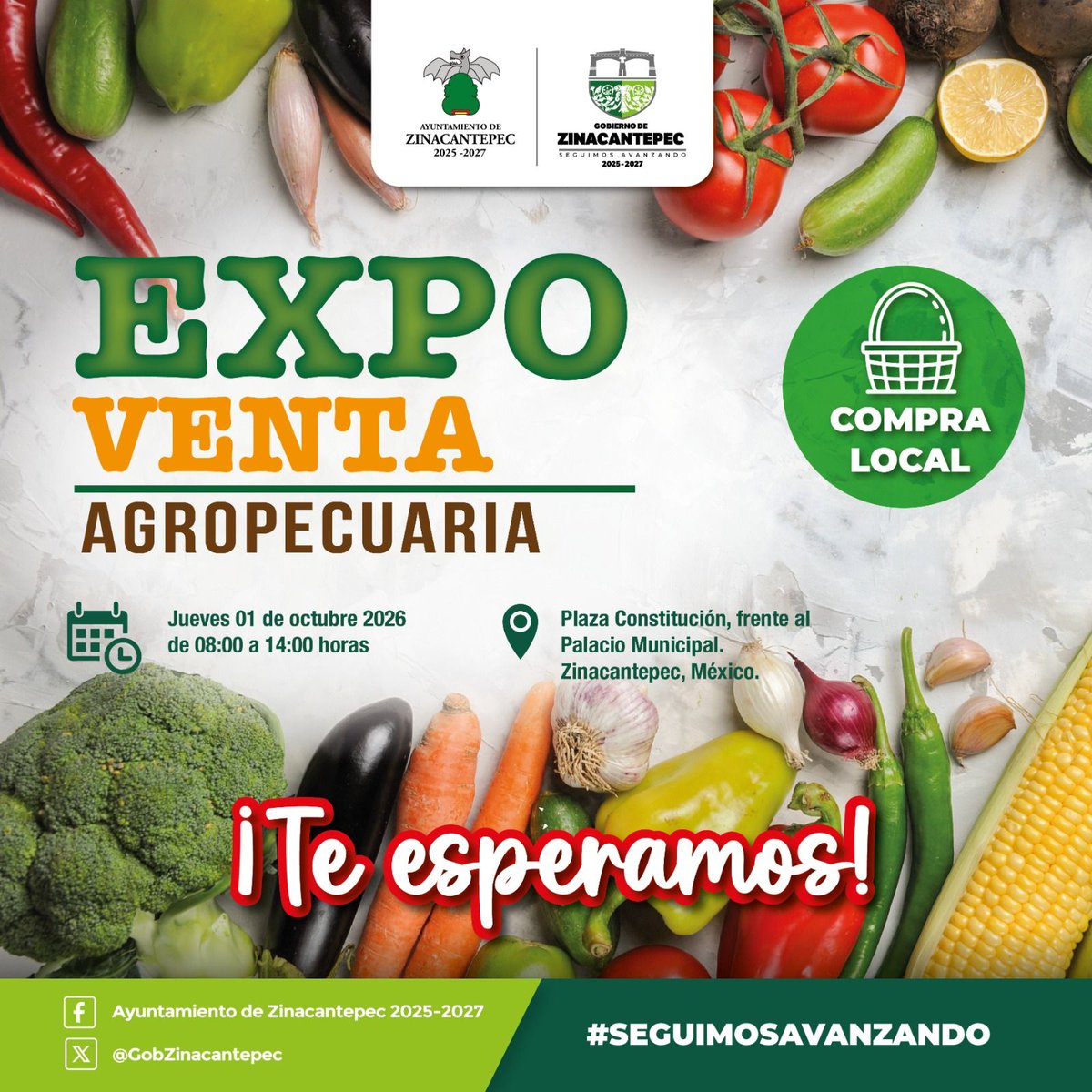 GobZinacantepec's tweet photo. 🌽🥕#ExpoVentaAgropecuaria #CompraLocal
Te invitamos a la Expo Venta Agropecuaria, un espacio para conocer y adquirir productos del campo, impulsando la economía local y fortaleciendo a nuestros productores
📅 Jueves 1 de octubre de 2026
🕗 08:00 a 14:00 horas
#SeguimosAvanzando https://t.co/74oSGnB9lH