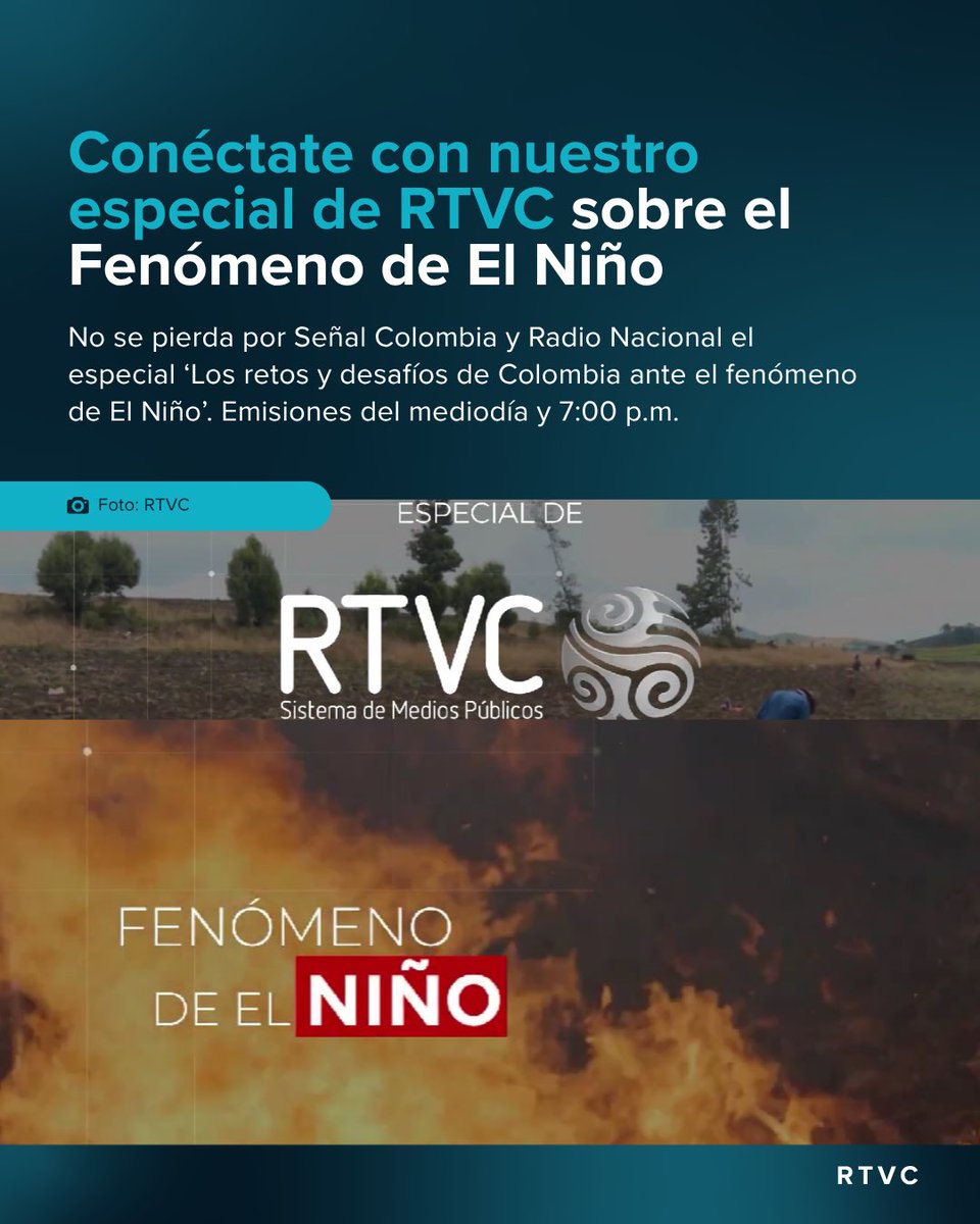 RTVCcol's tweet photo. #EspecialFenómenoDelNiño📺📻 | Señal Colombia y Radio Nacional de Colombia se unen en una emisión en convergencia para explicar qué es El Niño, cómo golpea al país y qué podemos hacer como país y sociedad para enfrentarlo. 

En vivo por: https://t.co/rHh0L650Ws https://t.co/jqoUN2FMF5