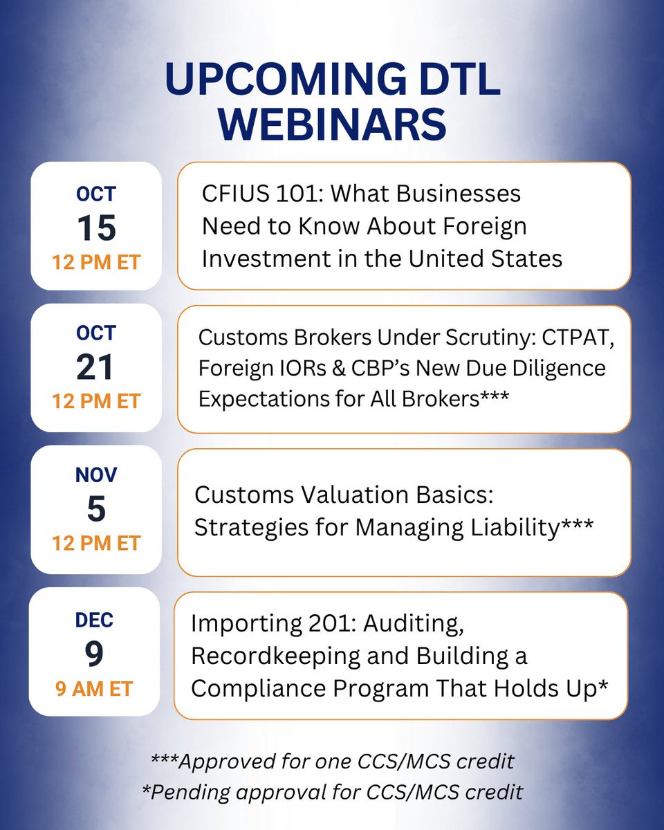 DiazTradeLaw's tweet photo. Trade rules keep changing. Stay informed with Diaz Trade Law’s upcoming webinars covering tariffs, customs compliance, enforcement, CFIUS, and more, with practical guidance for importers, exporters, and businesses.

View the calendar: https://t.co/a7dED94jnJ

#TradeLaw https://t.co/5UQ6MB7tSw