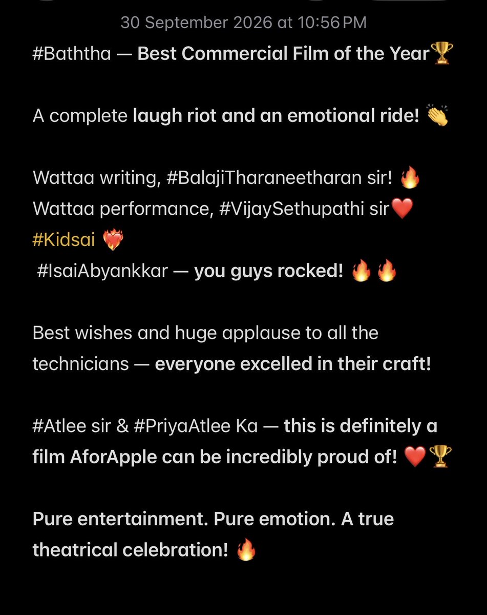 Dir_Cibi's tweet photo. #JustWatched #Baththa @Atlee_dir sir @priyaatlee Ka @VijaySethuOffl sir @SaiAbhyankkar #Balajitharaneetharan sir @aforapple_offcl @starstudio18_ @Cine1Studios @jose_lijomol https://t.co/Efvm4AYSrD
