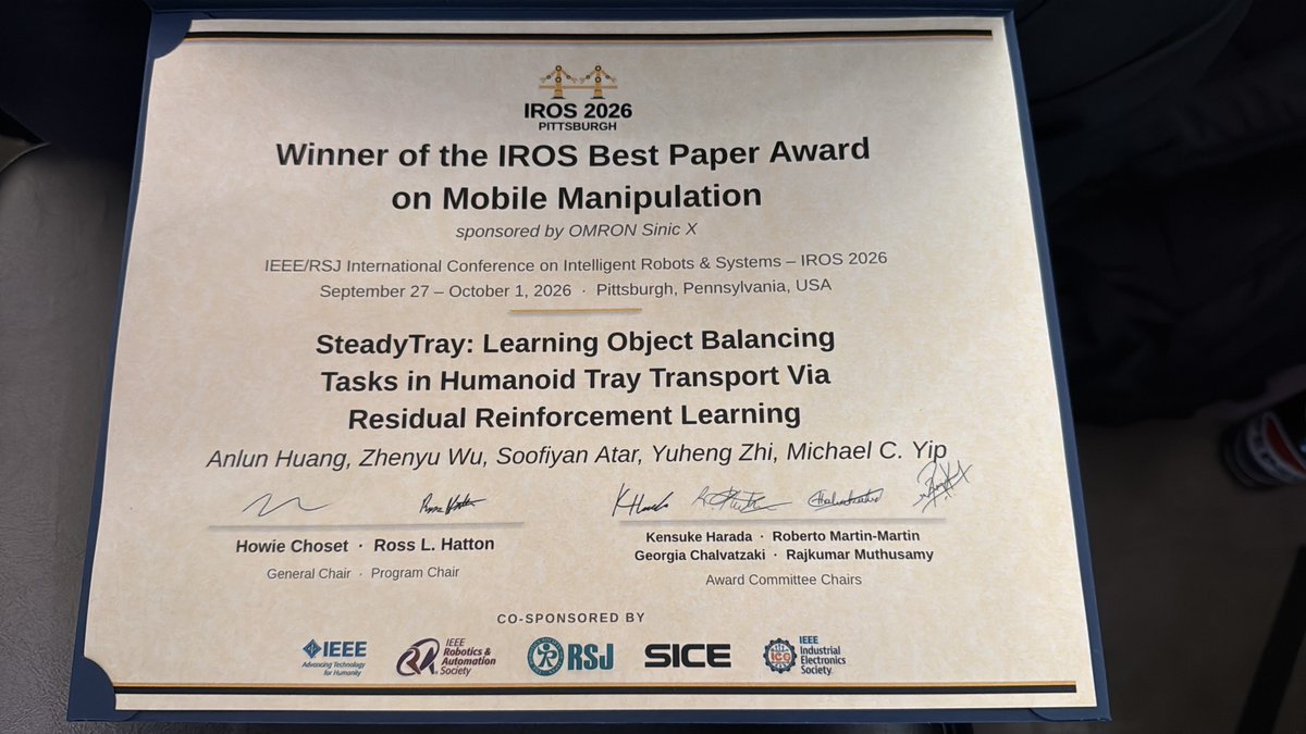 AllenHRoo's tweet photo. Excited to share that SteadyTray won the IROS 2026 Best Paper Award on Mobile Manipulation! 🏆

Grateful to my amazing coauthors and Prof. Michael Yip for making this work possible. A proud moment for our team! https://t.co/CFPJLQRsDv