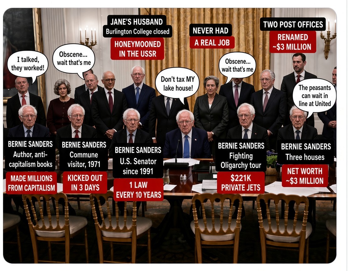 BskiMike22802's tweet photo. Bernie.

"Thank you, President Trump for bringing together the Oligarchs who run our country."

No, Bernie. Thank YOU. Because I've been sitting here all week trying to figure out how to explain hypocrisy to my students, and you just keep handing me the lesson plan.

So I made you a picture too. It's attached. Same room. Same gold curtains. Same fancy chairs. Same little red boxes with the numbers in them. Just one small change.

Everybody at the table is you.

Bernie the Author, who made millions writing anti-capitalism books. Capitalism paid you to say capitalism doesn't work. That's like a guy getting rich selling "Walking Is Bad For You" pamphlets door to door.

Bernie the Commune Visitor, 1971. Reportedly asked to leave after a few days of talking politics nonstop while everybody else did the actual work. I think that commune had better standards than the Senate does.

Bernie the U.S. Senator since 1991, averaging about one real law a decade.

Bernie on the Fighting Oligarchy Tour, with $221,000 of private jets in one quarter of 2025.

Bernie with Three Houses. Net worth somewhere around three million dollars.

And in the back row, Two Post Offices, Renamed. Standing proud. That's the trophy case, folks. That's thirty-five years.

My favorite part is the speech bubble that says "Obscene... wait, that's me." Because that's exactly what happens every single time you point at somebody else, Bernie. The finger swings around, and there you are.

Now let's talk about your picture.

This is the FOURTH time in about a week you've posted the same group of guys. Last Thursday it was the Xi dinner list. Friday it was the state dinner photo with the red boxes. Saturday it was "THEY WANT IT ALL." And today it's the red boxes again. Senator, at this point it's not a policy position. It's a crush. You think about Elon Musk more than his own mother does.

And here's something funny. Your numbers keep changing.

Last Friday your picture said Elon was worth $928 billion. Today it says $920 billion. Bernie, the man lost EIGHT BILLION DOLLARS in five days, and you didn't even send flowers.

Friday you had Jensen Huang at $186 billion. Today he's at $200 billion. He gained FOURTEEN BILLION DOLLARS in five days.

Now think about that for a second, because it's actually the whole lesson. Did Jensen Huang get a fourteen billion dollar paycheck this week? Did somebody back a truck up to his house? No. His company's stock went up. Did Elon lose eight billion dollars in cash out of his wallet? No. His stock went down. That's what those red boxes are, Bernie. They're the price tags on stock that the market reprices every single day. They're not bank accounts. They're not stolen from anybody. They go up and down like a weather report.

And every time those numbers go up, you know who else goes up? The retired schoolteacher in Vermont with a pension fund. The nurse with a 401(k). The union electrician with an index fund. They own those exact same stocks. So when you scream "obscene" at a red box going up, you're screaming at every working family's retirement account going up. You're like a smoke detector with no battery, Bernie. You make a lot of noise at the wrong time, and when there's actually a fire, you're no help at all.

"The Oligarchs who run our country."

Bernie, do any of them have a vote in the Senate? No. Can Jensen Huang write a law? No. Can Mark Zuckerberg raise your taxes? No. Can Sundar Pichai draft your kid? No. Can Lisa Su put you in jail? No.

You know who CAN do every single one of those things? The government. Congress. You. You've been in the Senate since 1991. If somebody's been "running our country" for thirty-five years, Senator, I've got news for you. Check the name plate on your desk.

These people you circled don't run the country. They run COMPANIES. Companies that employ hundreds of thousands of Americans. Companies that make the phone in your pocket, the computer on your desk, the search engine you used to look up their net worth, the chips inside every AI tool you keep yelling about, and the rockets NASA hires to go to space because the government can't do it as cheap. Every single one of those red boxes is sitting on top of a whole lot of American paychecks.

Meanwhile you've been running your mouth for thirty-five years, and all we've got is two post offices with new signs on them. Bernie, you're a jukebox with one song, and nobody's put a quarter in since 1988.

"While working families struggle to survive due to your disastrous policies."

Bernie, I'm a working family. Four kids. A teacher's paycheck. Ohio. I remember when working families were REALLY struggling. It was June of 2022, and inflation hit 9.1 percent, a forty-year high. That was the year after you chaired the Budget Committee and helped push through 1.9 trillion dollars of spending. I remember standing in the grocery store doing the math on the cart. I remember putting things back.

You know what my family got in the Big Beautiful Bill? No tax on tips for the waitress down the street. No tax on overtime for the guy who works a double. A bigger child tax credit. Lower rates that would have gone UP otherwise. You voted no on every one of those, Bernie. Every one. So forgive me if I don't take lectures on "disastrous policies" from the guy who was steering the car in 2022 and voted against the tow truck in 2025.

That's Quinn's Law Number Seven: it's different when you're a Democrat. When Obama put Mark Zuckerberg at a state dinner in 2015, it was diplomacy. When Biden invited Tim Cook, Sundar Pichai, Satya Nadella, and Sam Altman to a state dinner in 2023, it was a proud moment for American innovation. When Trump sits at a table with the same kinds of people, suddenly it's "the Oligarchs who run our country." Same room. Same guests. Different jersey. Your memory is like a Blockbuster card, Bernie. Nobody's used it in years, and it still thinks it's 1995.

And "obscene."

Senator, let me tell you what I think is obscene.

Obscene is a man with three houses telling working people other folks have too much.

Obscene is flying around on $15,000-an-hour private jets to tell a crowd that other people use too much energy.

Obscene is making millions off books about how making millions is wrong.

Obscene is thirty-five years of a taxpayer salary, a taxpayer pension, and two renamed post offices to show for it.

And obscene is standing in front of working families and blaming the guys who sign paychecks for their struggles, while you're the one who's been sitting in the room that writes the tax code since before some of those workers were born.

So here's my standing offer, Bernie. Same one as always, because you never take it. I keep hearing Democrats scream "obscene" about rich people while they're rich people. They know every loophole in the tax code because they helped write it, and then they use it on their own returns. So before you post one more red box, file your taxes with the standard deduction only. No itemizing. Pay DOUBLE what the IRS says you owe. Sell two of those three houses and give the money to a working family in Burlington. Fly commercial to the next rally.

Then post a picture of THAT. I'll even draw the red box for you.

Quinn's Law Number Twenty-Five: liberals are great at giving away other people's money. Never their own.

You know what you are, Senator? You're a rubber crutch. You look like you're there to help, and the second anybody actually leans on you, they hit the floor.

You're a sundial at night. There's a lot of you standing there, but nobody's getting any use out of it.

You're a piñata with no candy inside. Everybody keeps whacking away, hoping something good will come out, and it's just cardboard and old slogans all the way down.

So thanks again for the picture, Bernie. I liked it so much I made my own. The difference is, everything on mine is true about the guy it's pointing at.

But what do I know? I'm only a physics teacher who knows the difference between net worth and a paycheck, and a guy who can count to two post offices.

@TPUSA @JoJoFromJerz @atrupar

#MAGA #Trump #Veterans