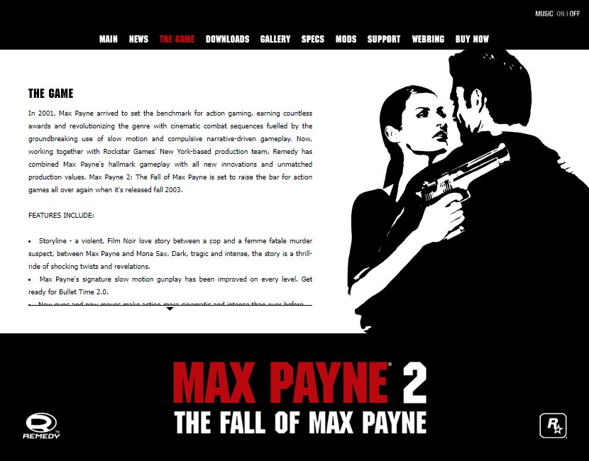 MaxPayne_Brasil's tweet photo. Max Payne 2 Website (2003)
#MaxPayne #RemedyGames #RockstarGames https://t.co/YuwBvp3JEs
