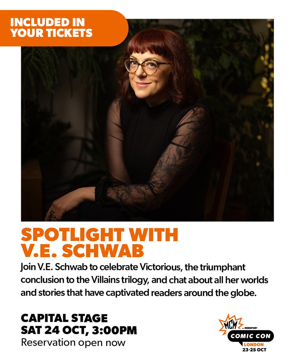 MCMComicCon's tweet photo. Join V.E. Schwab to celebrate Victorious, the triumphant conclusion to the Villains trilogy 🔥

📍 Capital Stage
🗓️ Sat 24 Oct
⏰ 3:00pm
✍️ Plus signings on Friday and Saturday (see more on the post!

See the schedule for more timings on our website! https://t.co/kgw1lobGfy