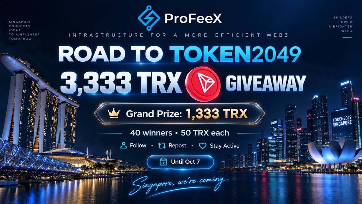 Pro_FeeX's tweet photo. 🇸🇬 3,333 TRX. Road To TOKEN2049 Starts Now.

ProFeeX is heading to #TOKEN2049 Singapore on October 7.

And before we get there, we want to make some noise with our community. 

We are giving away 3,333 TRX before TOKEN2049.

🏆 GRAND PRIZE: 1,333 $TRX
1. Create a post about ProFeeX.
2. Tell people what we do, why you use us, what you like about the product, or simply make something creative around ProFeeX.

The post with the strongest real engagement and reach by October 7 wins 1,333 TRX.

Views, likes, reposts and overall quality all count.

No bots. No fake engagement. Keep it real.

🎁 + 2,000 $TRX FOR THE COMMUNITY
Until TOKEN2049, we’ll randomly reward 40 active community users with 50 TRX each.

1. Follow @Pro_FeeX and @khvoynitskiy 
2. RT
3. Stay active
4. Join the conversation

Winners will be announced along the way.

And on October 7, when TOKEN2049 begins, one person takes the 1,333 TRX grand prize.

Singapore, see you soon.