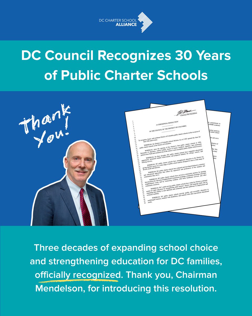 DC_Charters's tweet photo. It's official! The DC Council recognized three decades of DC public charter schools, which today serve 47,000+ students across all 8 wards.

Thank you, @ChmnMendelson, for introducing the resolution, and thank you to the full @councilofdc! https://t.co/STkMvFdQMt