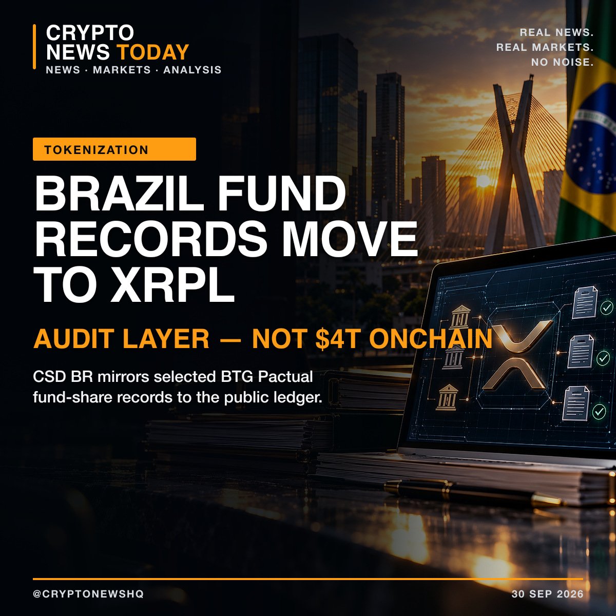 cryptonewshq's tweet photo. Brazil’s CSD BR will mirror selected BTG Pactual fund-share records to the XRP Ledger as an added audit layer. Its platform oversees about $4T in registered assets—but $4T is not moving onchain, and CSD BR remains the official record. #Blockchain

https://t.co/nA6dDDmHNx https://t.co/hOhrvwHAip