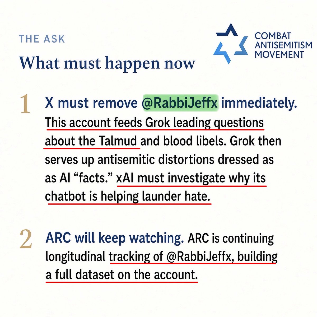RabbiJeffx's tweet photo. One of the biggest Jewish advocacy organizations in the U.S. brands me antisemitic for using Grok to uncover facts and demands I be heavily punished.

They want Grok investigated for being “complicit” and say they have me under constant surveillance.

Seems I hit a nerve. https://t.co/JHnxxvMxh6