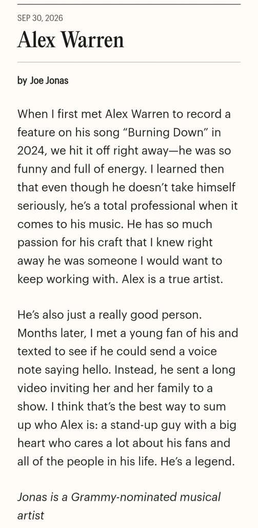 cupofjoehq's tweet photo. Joe Jonas talks about Alex Warren for Time magazine 100's 2026 list of the World's Most Influential Rising Stars

https://t.co/W9daK299mK https://t.co/nfyuwe4n69