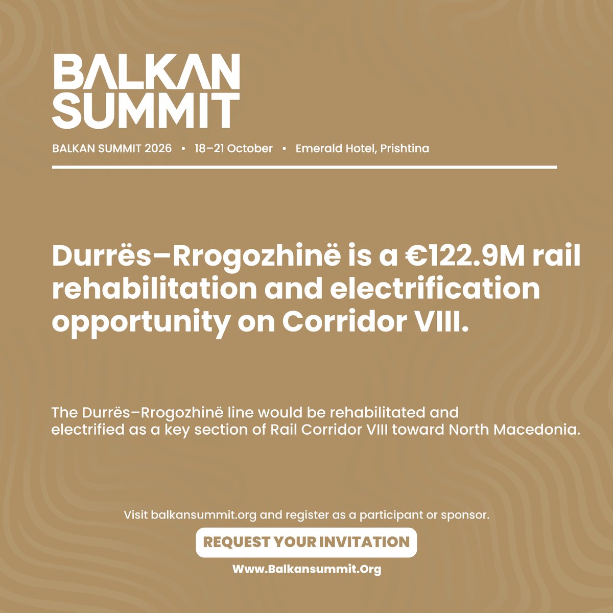 balkan_summit's tweet photo. Albania plans to rehabilitate and electrify 34km of railway between Durrës and Rrogozhinë, part of Rail Corridor VIII. Balkan Summit 2026 helps firms review scope, requirements and procurement routes for rail, signalling, electrification and finance.

#BalkanSummit https://t.co/yCDCUt1Yvq