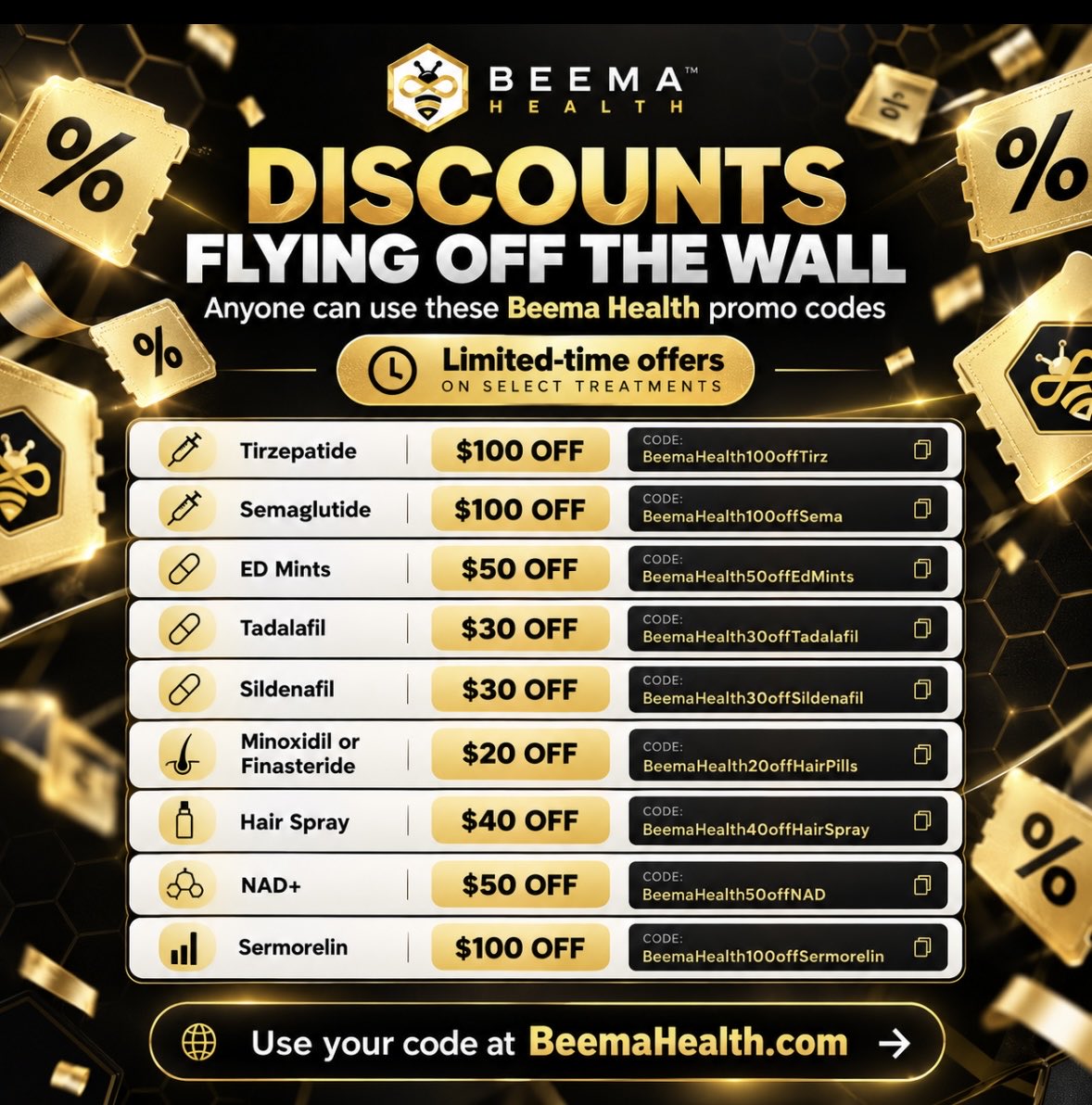 BeemaHealth's tweet photo. Discounts are flying at Beema Health 🐝

Save on GLP-1s + ED treatments, including Tirzepatide, Semaglutide, Tadalafil, Sildenafil &amp; ED Mints.

Semaglutide discount is for the 3-month plan only. Some offers are limited-time.

#GLP1 #MensHealth #Tirzepatide #semaglutide #edmints https://t.co/QokYNKD928