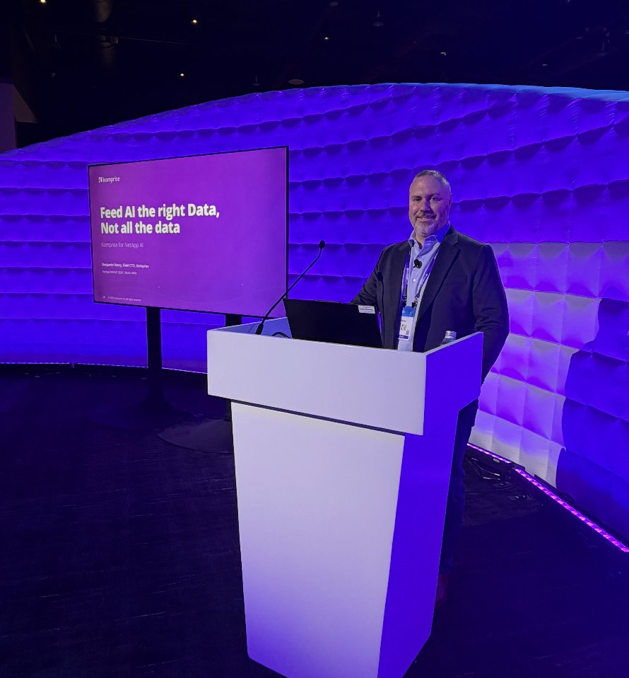 Komprise's tweet photo. Our #netappinsight theater session is kicking off now. Come hear from our Field CTO Benjamin Henry: Komprise for @NetApp AI: Feed it the right data, not all the data https://t.co/JWIbpvSJVm
