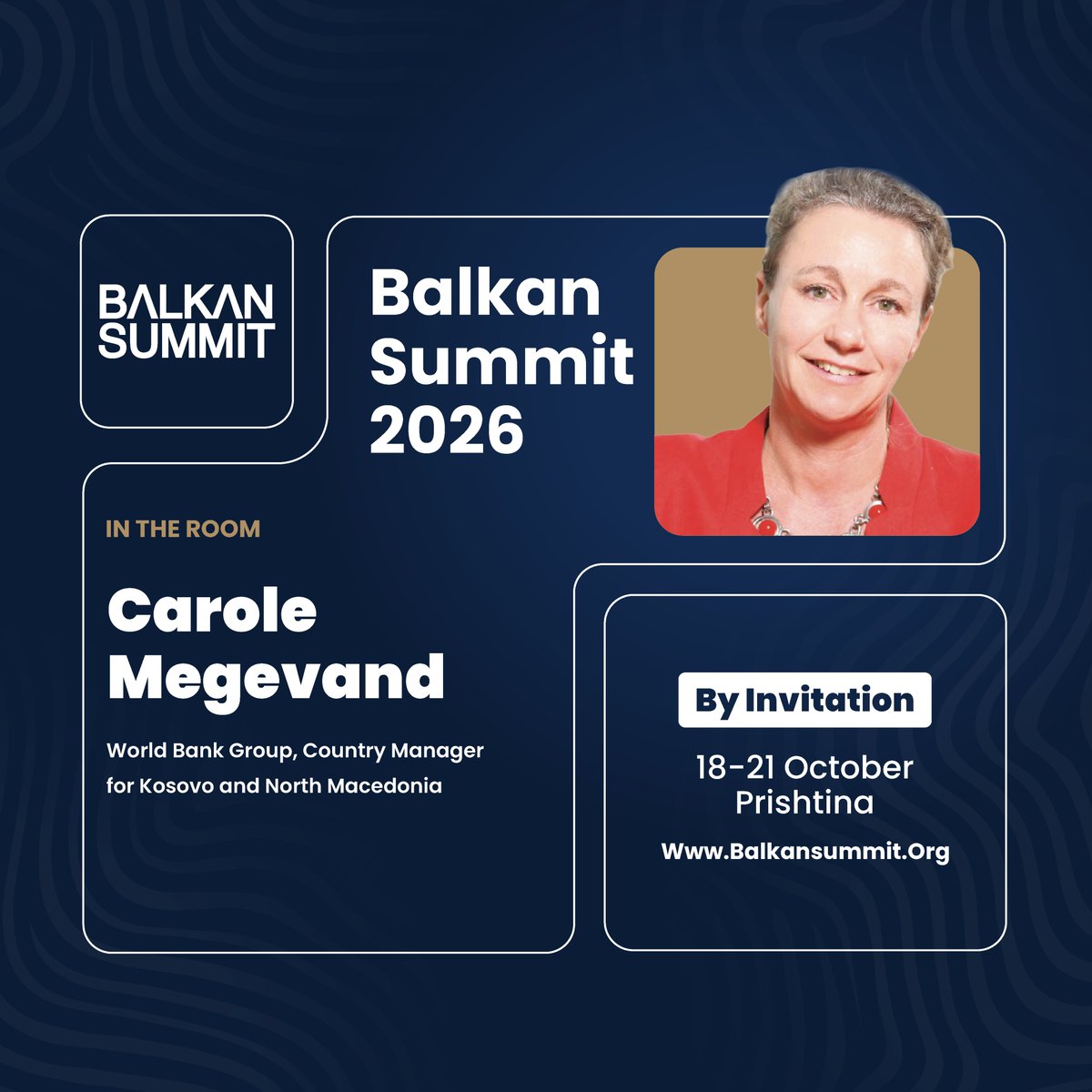 balkan_summit's tweet photo. Carole Megevand, World Bank Group Country Manager for Kosovo and North Macedonia, joins Balkan Summit 2026 as infrastructure and private-sector investment priorities take centre stage.

18–21 Oct · Prishtina
https://t.co/Xoei9UXKvb
#BalkanSummit #Kosovo https://t.co/UTz3UgTaaq