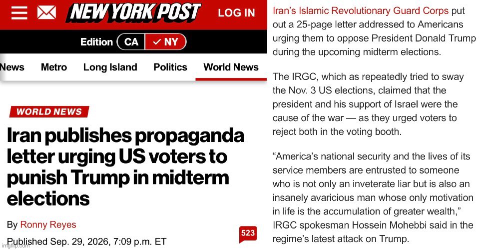 WarClandestine's tweet photo. As I have been saying the entire time, the only real obstacle in this “war” with the Iranian regime and their Deep State handlers, is the MSM and their propaganda machine.

The enemy cannot win on the kinetic battlefield. Their only hope is manipulating the American People and our elections. Their only hope is sabotaging us from within.

The most important battlefield in this war is not in Iran or the Strait of Hormuz, it’s right here on social media and in the information space.

Any and all campaigns to vote Democrat or to not vote at all, are being pushed by the Deep State, in the hopes that they can hold out, Dems win the midterms, so they can begin their impeachment madness all over again, and prevent the US MIL from reaching victory and exposing the treason committed by the Obama regime for supplying the Iranian regime with the capability to produce nuclear weapons. 

If we win the midterms, We The People can help defeat Iran.