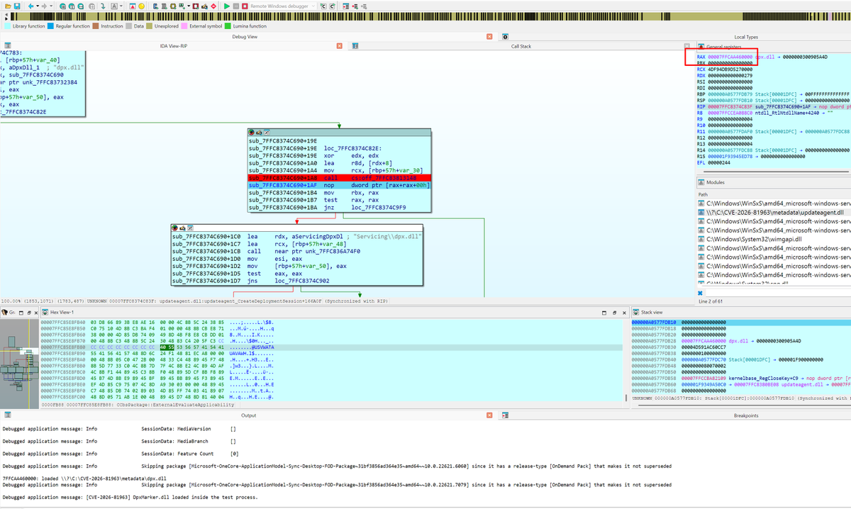 _CoreImpact's tweet photo. Fortra Principal Exploit Writer Ricardo Narvaja analyzes CVE-2026-81963, a Windows CBS local privilege escalation vulnerability that could allow a controlled dpx.dll to load inside the SYSTEM-level TiWorker.exe process.

Read the technical analysis: https://t.co/Q5Yfivhmon https://t.co/6mR8ZhWnzf