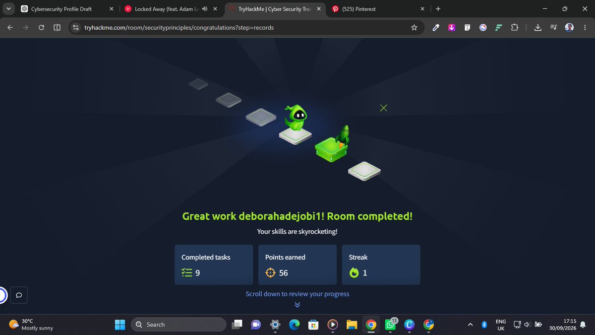 tessy_crown_160's tweet photo. Day 03/60
- Learned about the CIA triad, AAA framework and Zero trust with Professor Messer
- I completed Security Principles in tryhackme
#60DaysofCyberForge #CyberForgeOAU
@the_cyberforge https://t.co/vJepFEbA0a