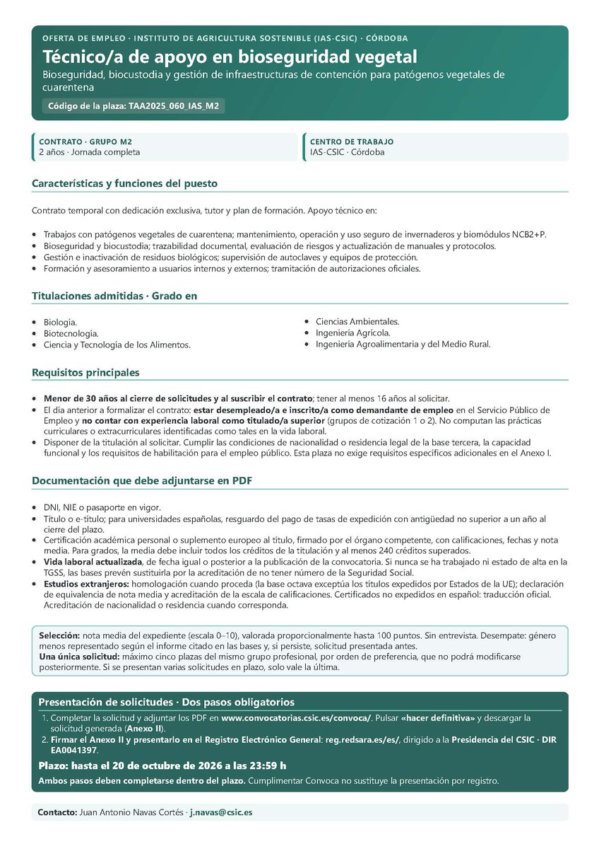 janavascortes's tweet photo. 🌱 ¿Te interesa la bioseguridad vegetal?
El IAS-CSIC de Córdoba busca técnico/a para trabajar en bioseguridad en instalaciones de contención de patógenos vegetales de cuarentena.
🔎 Código: TAA2025_060_IAS_M2
👉 https://t.co/FfYUgsUXb3
#EmpleoCSIC #SanidadVegetal @IAS_CSIC https://t.co/Z7uZCvntBT