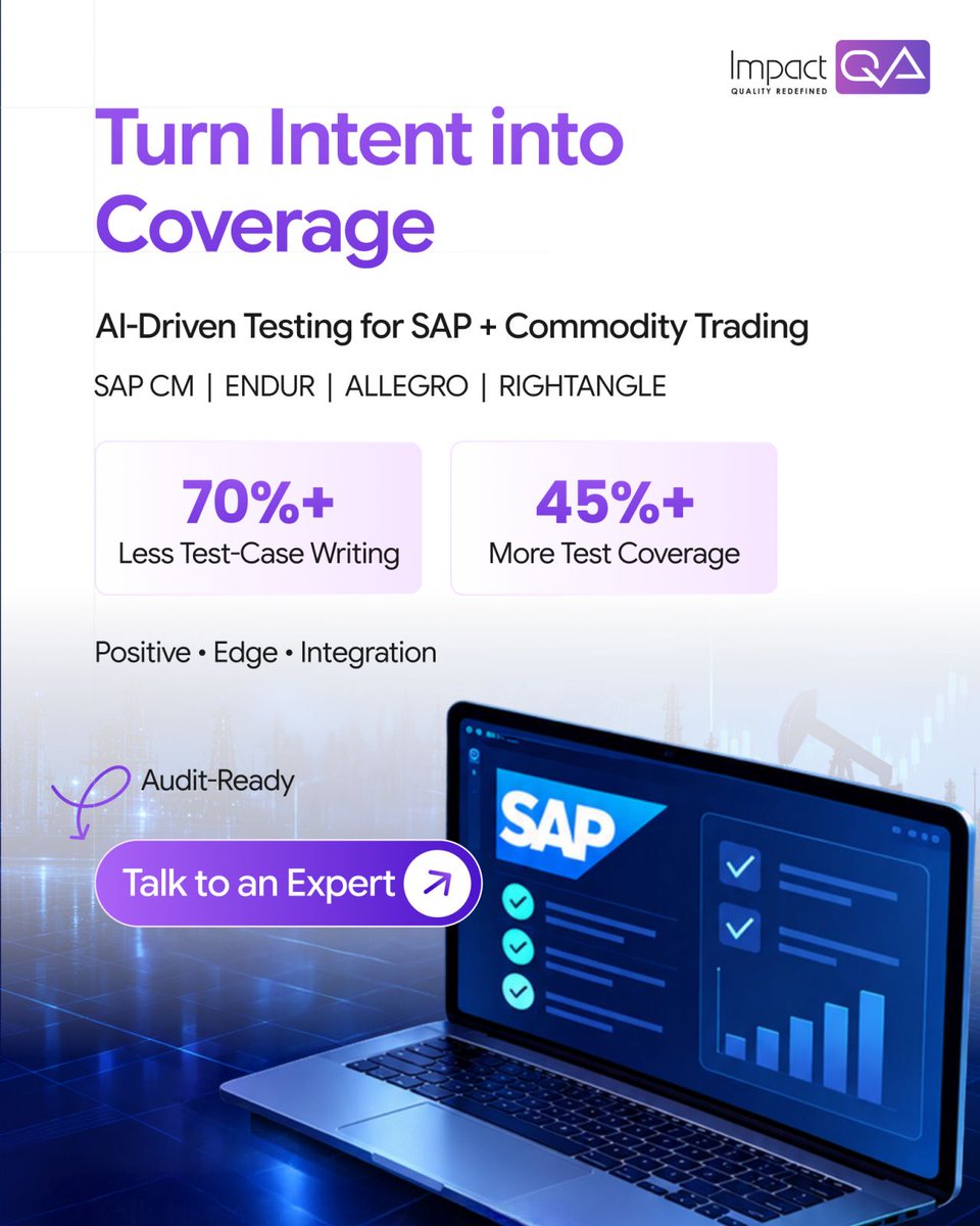 Impact_QA's tweet photo. Describe what needs testing. #NeX-AI generates structured test cases for #SAP CM, #OpenLink Endur, #Allegro, and #RightAngle, built on GPT-4, Claude, and LLaMA2.
Cuts test-case writing effort by 70%+. https://t.co/OPjoF7AZCT #AITesting #ImpactQA
@Impact_QA https://t.co/yjO7adpRmh