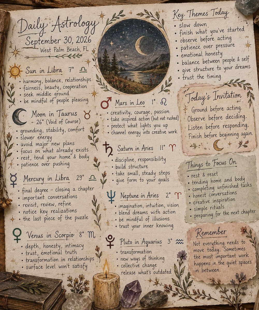 RolaEssence's tweet photo. 🌙 Sept. 30 Astrology:

Void Taurus Moon = slow down, ground &amp; don’t force it.

☿ Mercury at 29° Libra brings closure and realizations.
⚖️ Seek balance.
🦂 Choose honesty.
🔥 Protect your creative spark.

Finish before beginning again. 🌿

#Astrology #TaurusMoon https://t.co/ZpAYmetHBh