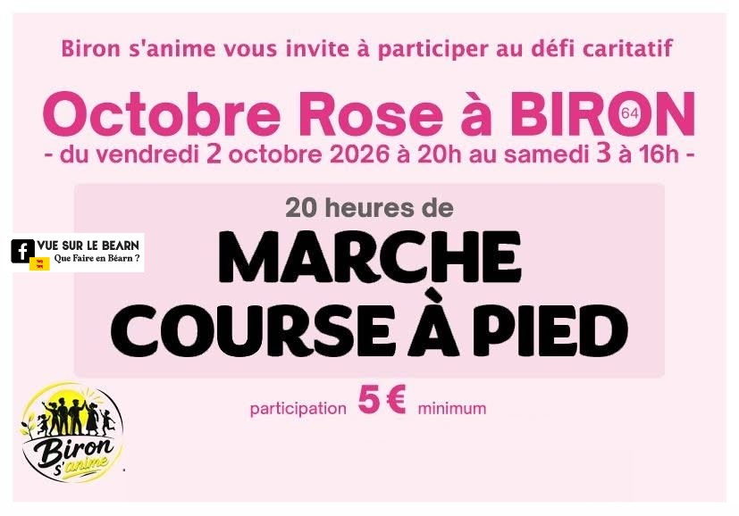 vuesurpyrenees's tweet photo. Le Défi sportif Octobre Rose 2026 à Biron
Les 2 et 3 octobre
+infos
https://t.co/mdTNl5AqCb
Organisé par Biron s'anime Marche/Course à pied
Durant 20h, une marche ou course non chronométrée avec départ libre
#octobrerose #bearn #pyrenees #trail #cancers #santé https://t.co/vD70iDBrpM