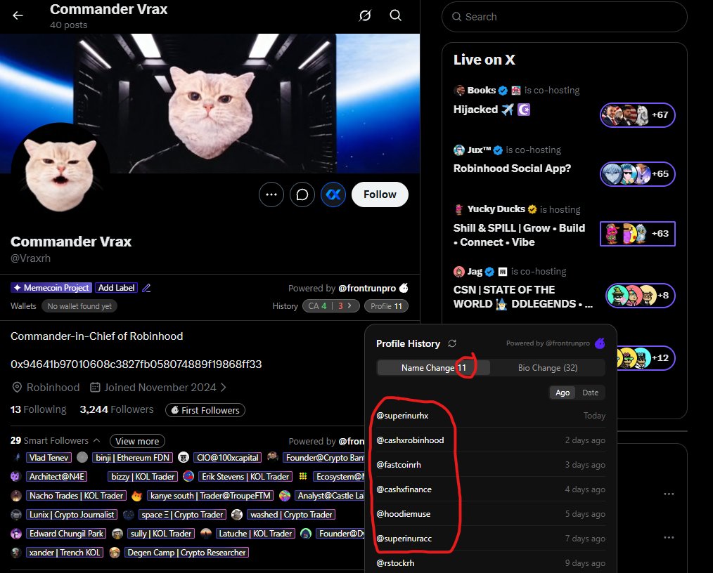 stitchdegen's tweet photo. Quite a few people have been asking me about $VRAX, mainly because its X account is followed by Vlad and Robinhood has also brought some attention to the Commander Vrax narrative

The narrative itself is real. Commander Vrax appeared at HOOD Summit, and Robinhood later posted about the character again. But keep in mind that Robinhood is talking about Commander Vrax, not directly shilling the $VRAX token. $VRAX is still just a pure memecoin created by the community around this character

What makes me cautious is the history behind the X account

The account has changed its name 11 times, and its bio history also shows multiple different CAs being promoted within just the past few days :

0xe5ba695f440324f0540d5f99c919563570be7d82

0x91747ea8dc8d6f72c485cd111f2e7ca7a193a413

0x47ba2cd5ddd3ac362c986b4417e7efd56cc57169

0x3b1f8be42886f7cc01d43450936e23fa63834cc

And now $VRAX :

0x94641b97010608c3827fb058074889f19868ff33

Some of those previous tokens don’t appear to have performed particularly well either

So this clearly wasn’t an account created specifically for Commander Vrax. It has been repeatedly rebranded and used to promote different CAs

That also makes the Vlad follow much less convincing to me. There’s a real possibility that Vlad was already following this account before it rebranded to Vrax, rather than following it because of $VRAX 

The on-chain side doesn’t look great either. The initial bundle was pretty high, and the MC went from almost zero to around $3M within just a few minutes

Some bundle-related wallets I traced include :

0x4337050608D02173feea2E27bA65a1AF0f948538

0x43370597aF41d9345B1B91391849DcDB748C2838

0x4337054681fb21ECd8576720eeE873f5358eE061

I’m also seeing quite a bit of selling activity related to these wallets. You can trace more of the flow yourself through Dex and Robinhood Scan

The chart has also been moving sideways for quite a while after the pump to around $10M MC, without any fresh catalyst strong enough to start another clear wave

So when I put everything together , 11 name changes, multiple previous CAs, uncertainty around the Vlad follow, a high initial bundle, bundle-related wallets selling, and the fact that $VRAX is ultimately just a pure memecoin , the current risk/reward isn’t attractive enough for me

It could still pump if Robinhood continues pushing the Commander Vrax character, but for now, I’m staying out and not FOMO in

Just my personal take on $VRAX. If you’ve got any extra info or found something I missed, drop it below. Always open to digging deeper