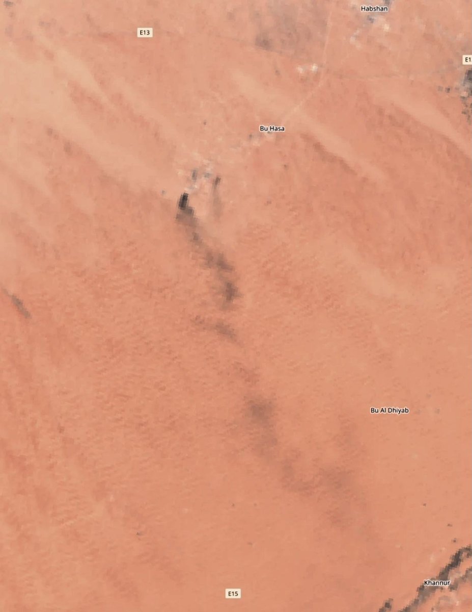 HormuzLetter's tweet photo. BREAKING: Iran appears to have struck ADNOC's Bu Hasa facility southwest of Abu Dhabi, one of the UAE's largest onshore oil and gas fields. Sentinel-3 imagery from today shows a black smoke plume roughly 50 km long over the site.

NASA FIRMS recorded a fire radiative power of 143 megawatts at the facility, with the VIIRS mid-infrared channel reading 367 Kelvin, the absolute ceiling the sensor can register, meaning the fire is likely hotter than the data shows. Flights near Abu Dhabi were disrupted earlier today.

Bu Hasa crude feeds the Habshan-Fujairah pipeline, the UAE's only export route that bypasses the Strait of Hormuz. Saudi Arabia's East-West pipeline, its own route around Hormuz, has been struck 3 weeks ago.