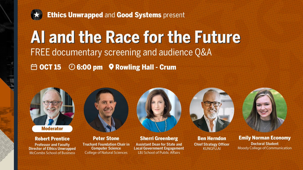UTGoodSystems's tweet photo. The conversation continues after the credits.

@PeterStone_TX, Sherri Greenberg, Emily Economy and @KUNGFUAI’s Ben Herndon join the Oct. 15 panel after Running with Scissors.

🔗 https://t.co/Y2Gw8q69KU

#TexasResearch #WhatStartsHere #ItStartsWithResearch #EthicalAI #TexasAI https://t.co/kcp2QJmall