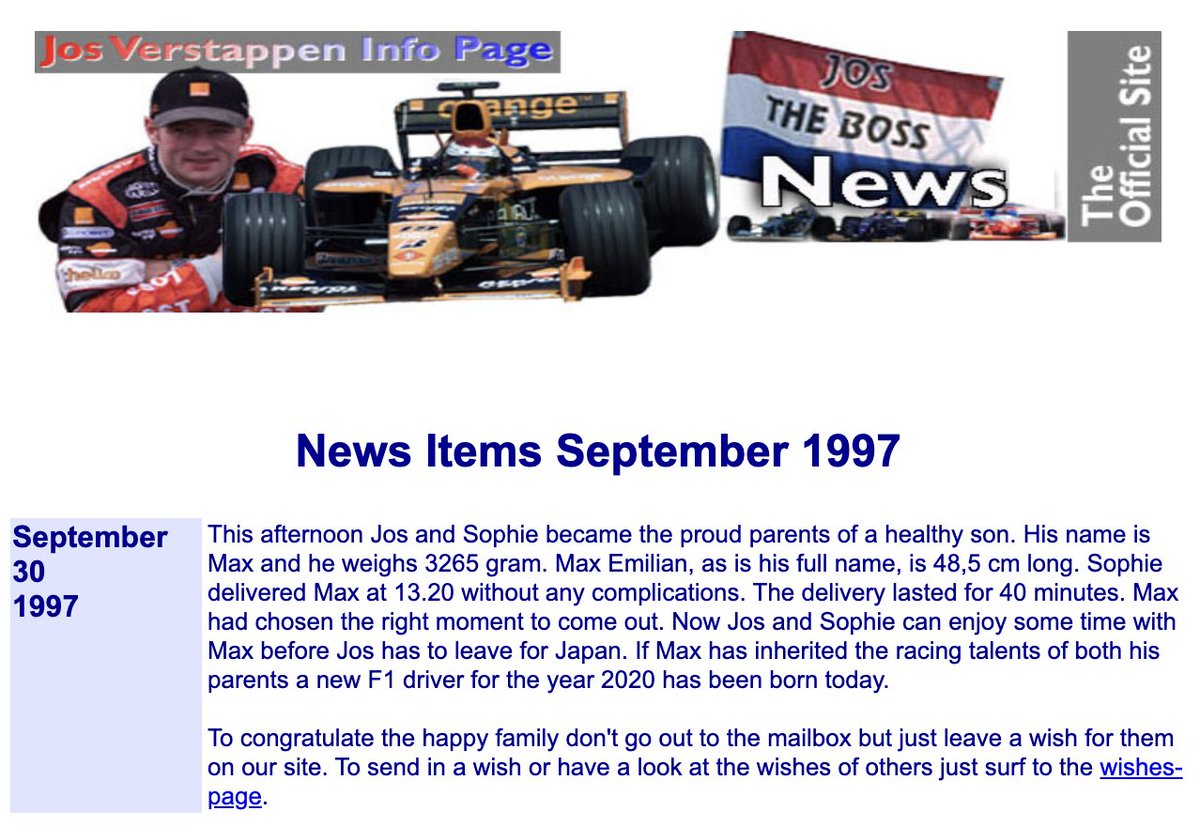 F1GuyDan's tweet photo. 29 years ago today, Jos Verstappen announced the birth of his son Max with this message.

"If Max has inherited the racing talents of both his parents a new F1 driver for the year 2020 has been born today."

Max ended up making his F1 race debut 5 years ahead of schedule in 2015. https://t.co/tOQwGUBcFY
