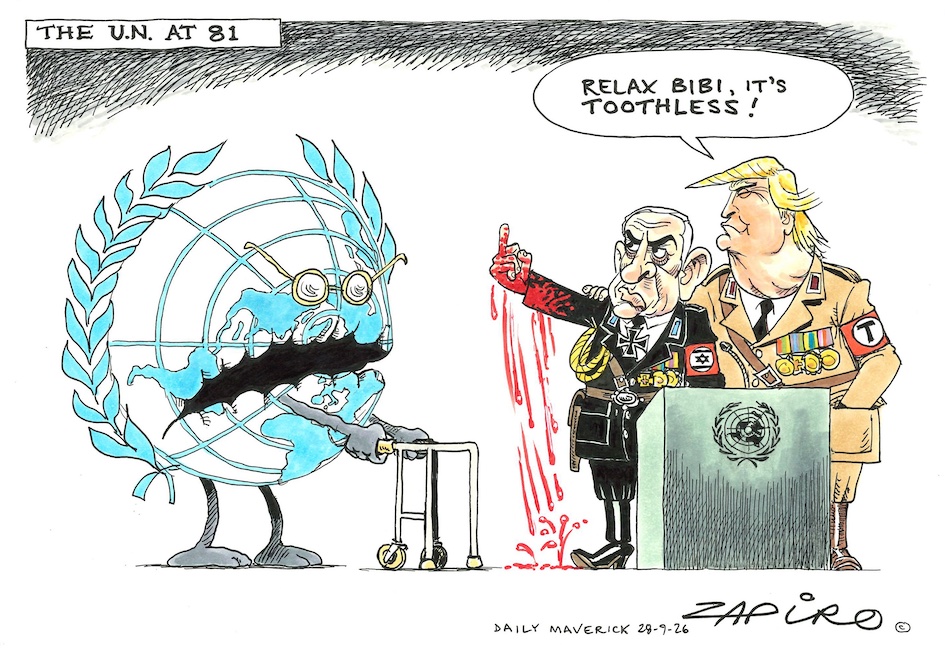 zapiro's tweet photo. Zapiro cartoon published on @dailymaverick (28 September 2026) on Old Model @realDonaldTrump @netanyahu  @UN  -https://t.co/NqRzCW6HiA https://t.co/GZiZ5P0UQ3