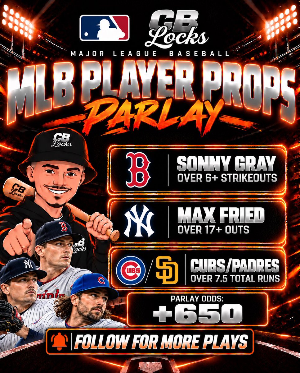 CBLocksss's tweet photo. 🚨⚾️ MLB PLAYER PROP PARLAY 

• Sonny Gray Over 6+ Strikeouts 
• Max Fried Over 17 Outs 
• Cubs/Padres Over 7.5 Total Runs

$50 ➡️ $365

LETS HAVE A DAY!🔒 https://t.co/pnWzy4L6ug